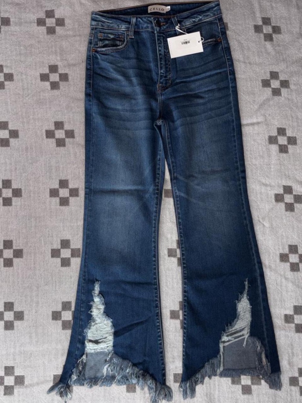 Cello Dark Blue Distressed Flare Jeans with Frayed Hem 7 - Picture 1 of 6